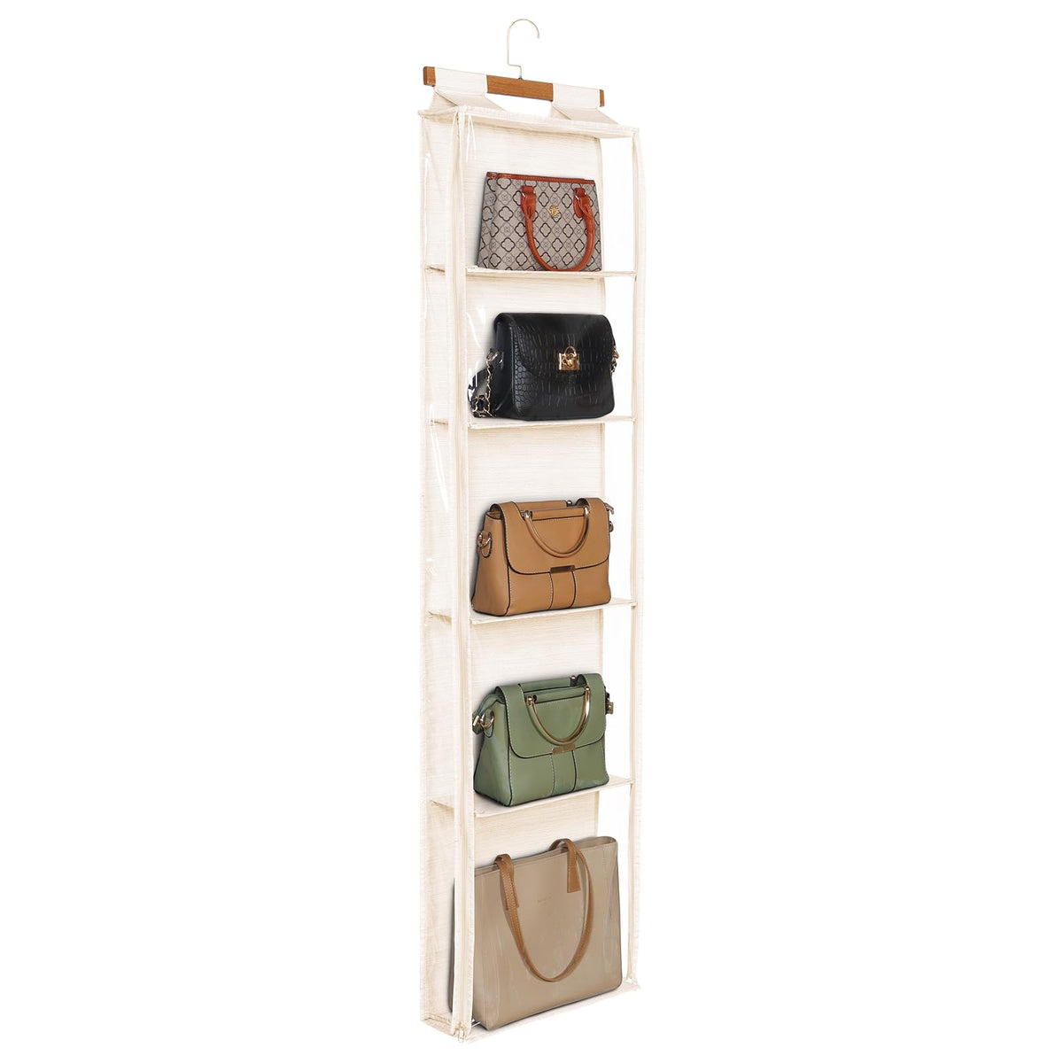 Syeeiex Hanging Handbag Purse Organizer with Zippers, 4 Mesh Shelves, Grey