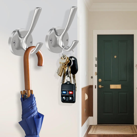 TOFIIGREM Brushed Nickel Robe Hooks Towel Hooks, 3 Pack Coat Hook Heavy Duty Mudroom Hook Double Bathrobe Hook Wall Mounted, Hat Hooks for Entryway Bathroom Kitchen Closet