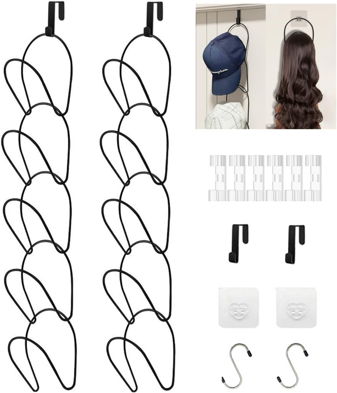 LINFIDITE 10 Pack Hat Rack Hanger Holder Organizer Closet Hanging Baseball Cap Display Storage Rack for Scarves Handbags Towels Clothes Ties Over Door Wall Mounted w Hanging Hook Black