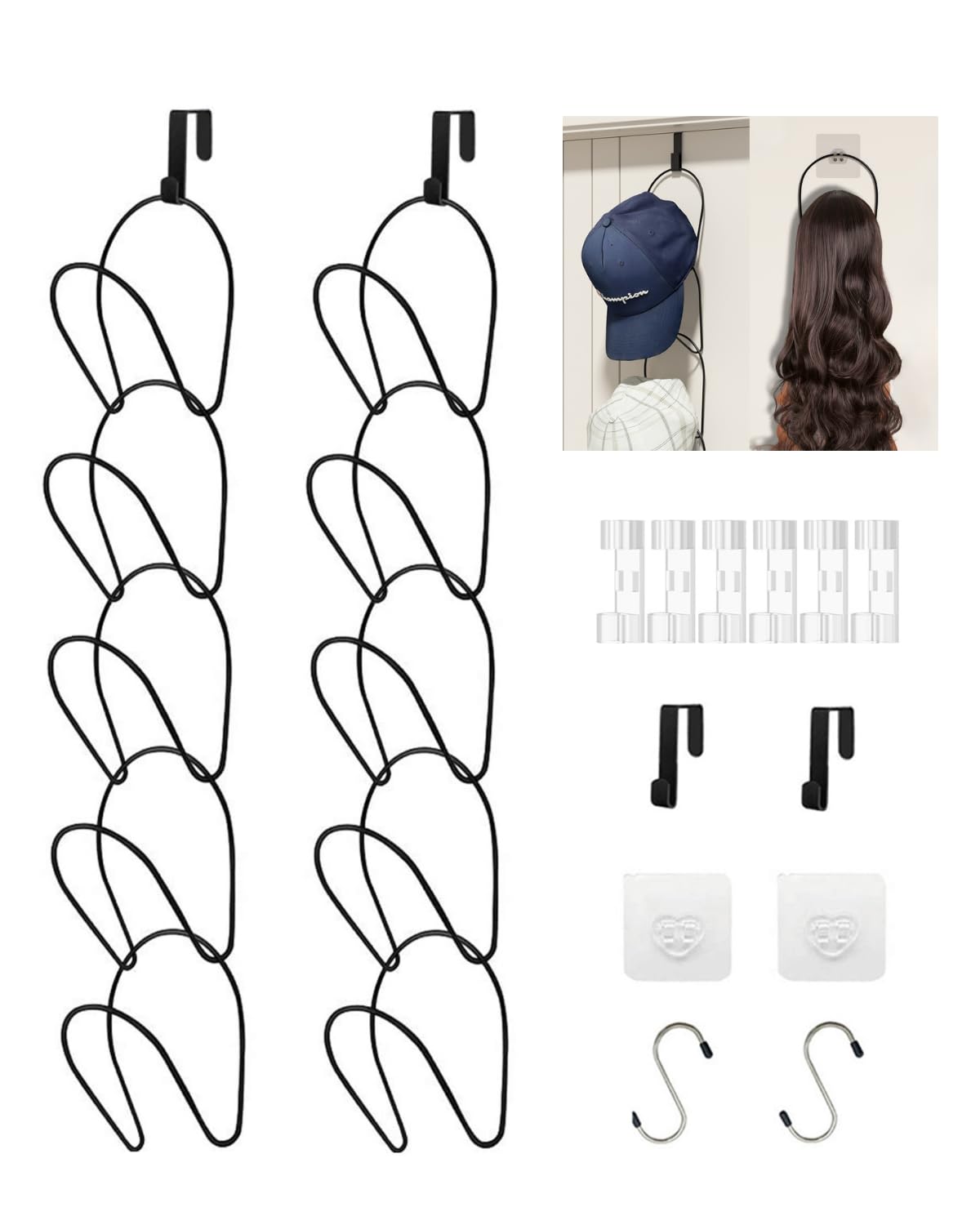 LINFIDITE 10 Pack Hat Rack Hanger Holder Organizer Closet Hanging Baseball Cap Display Storage Rack for Scarves Handbags Towels Clothes Ties Over Door Wall Mounted w Hanging Hook Black