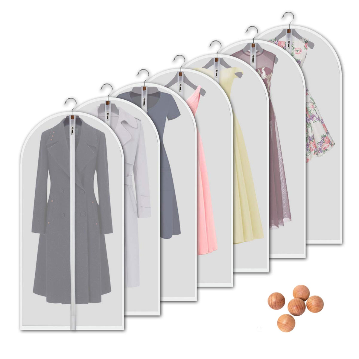 Clear Garment Bags for Hanging Clothes, 60 Inch, 7 Pack with 5 Cedar Balls