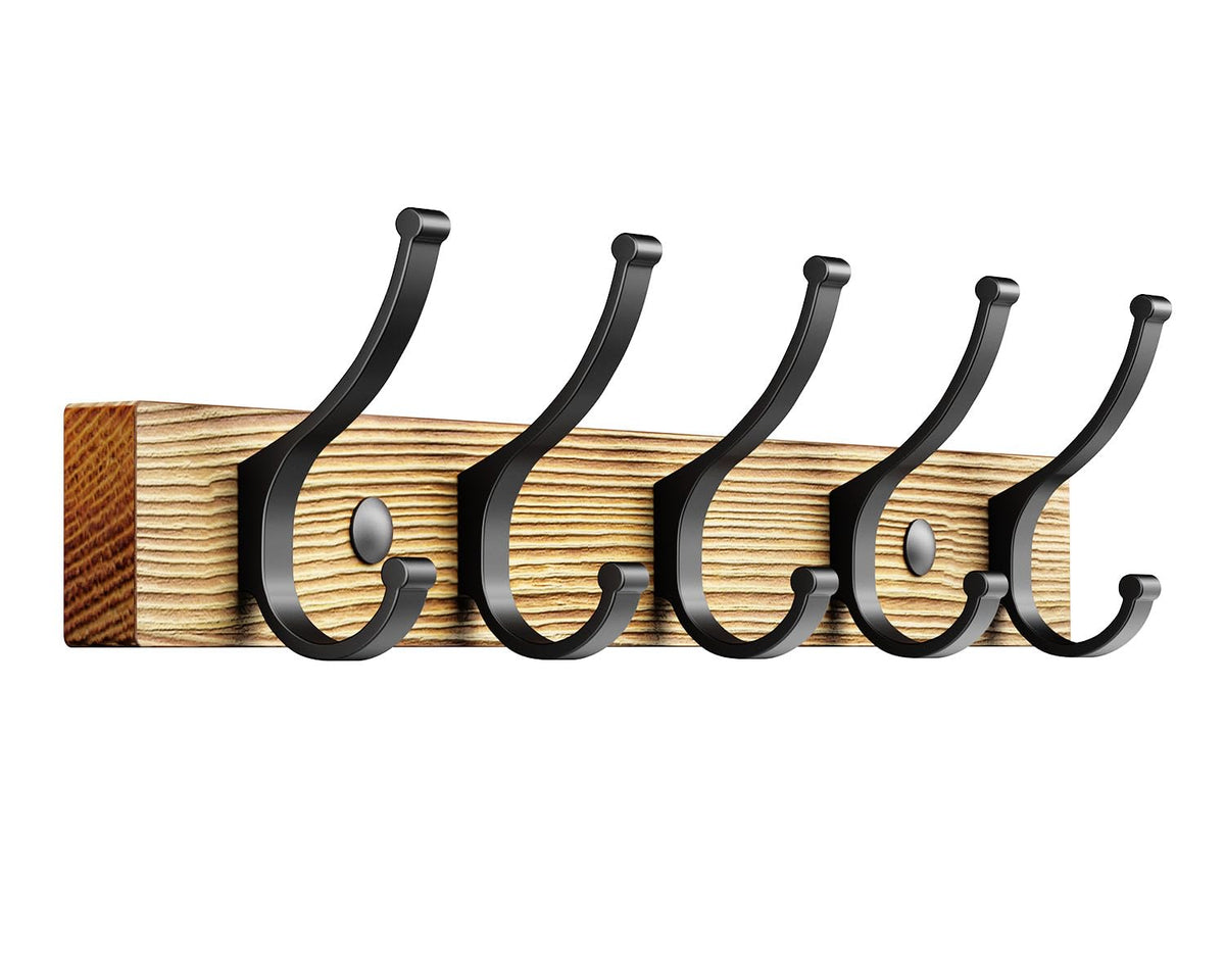 Optish Coat Rack Wall Mount, 16.5 Inches Wood Coat Hooks Wall Mount, Wall Coat Rack with 5 Hooks, Hat Rack Wall Hooks for Hanging Coat, Bag, Towel (2Pack, Brown)
