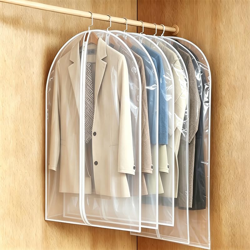 24x55 Inch Garment Bags for Hanging Clothes, Translucent, 5 Pcs Waterproof Suit Covers for Closet Storage, Full Zipper White Dust Proof Garment Bags for Suits, Coats, Dresses and Dance Clothes
