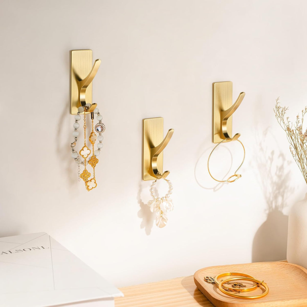 10 Pack Brushed Gold Self Adhesive Coat Hooks for Hanging: 13LB Extra Strong Stainless Double Wall Hook for Towel, Backpack, Hat, Sturdy Metal Hanger for Bathroom, Bedroom, Door, Wall Mounted