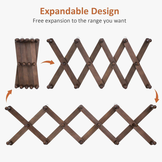 Accordion Wall Hanger, Hat Rack for Wall with 14 Coat Hooks, Expandable Hat Hangers Organizer, Vintage Decorative Coat Rack Wall Mount for Purse, Mug (Brown)