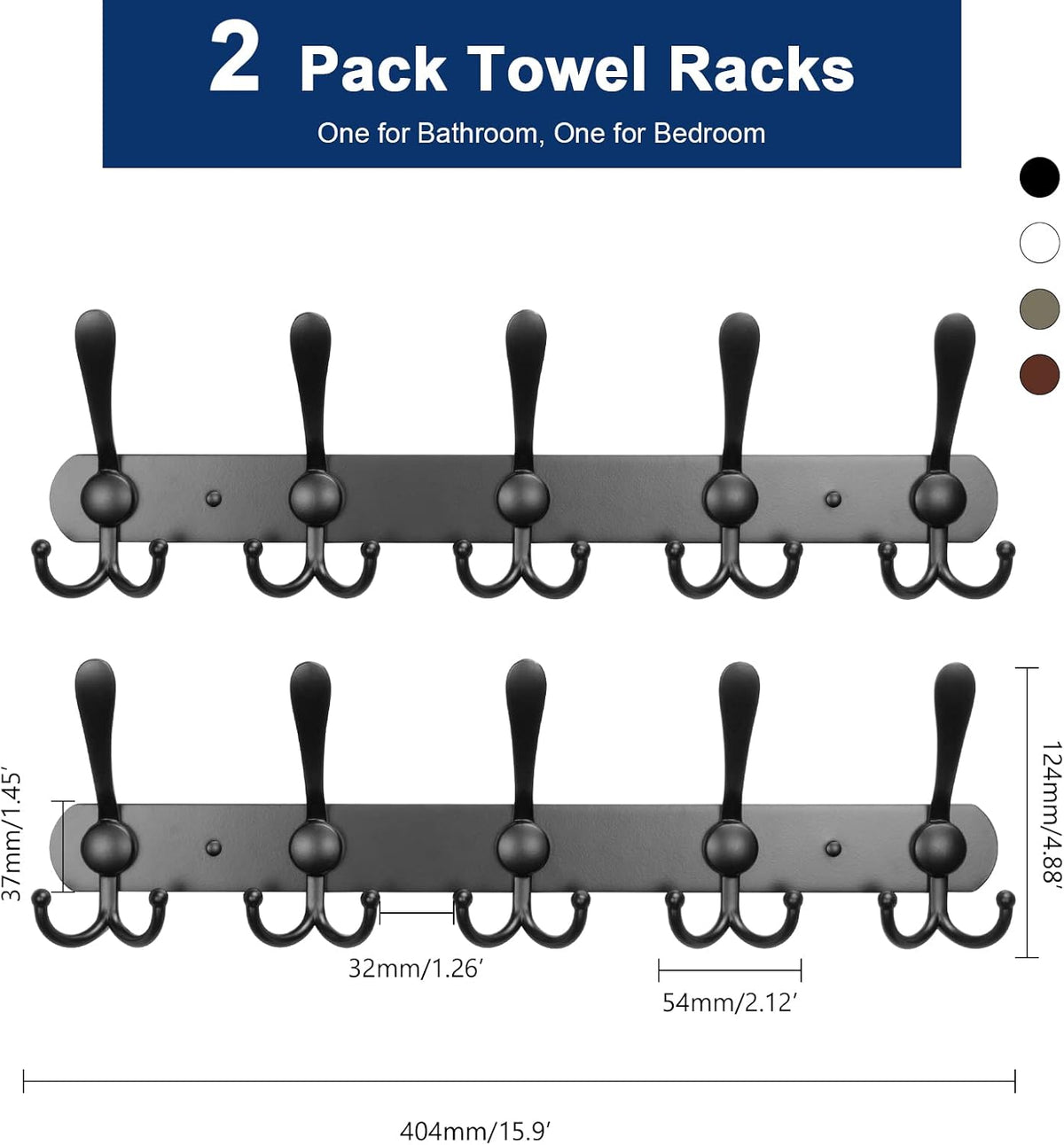 NearMoon Coat Rack Wall Mounted-2 Pack, Heavy Duty Bath Towel Hooks Stainless Steel Robe Hooks Holder, Metal Coat Hook for Towel Coat Hat Key Bathroom Bedroom Hotel Entryway (5 Hooks, Matte Black)