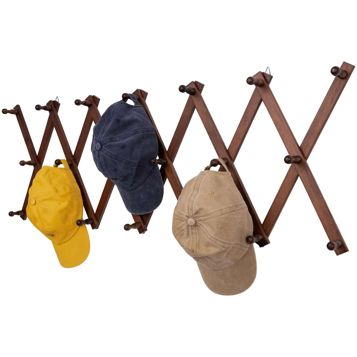 SCUNDA Hat Rack for Wall, Expandable Wall Hat Holder with 16 Hooks, 16 inch Wooden Wall Hook for Baseball Caps,Cowboy, Bag,Hoodie(Brown)