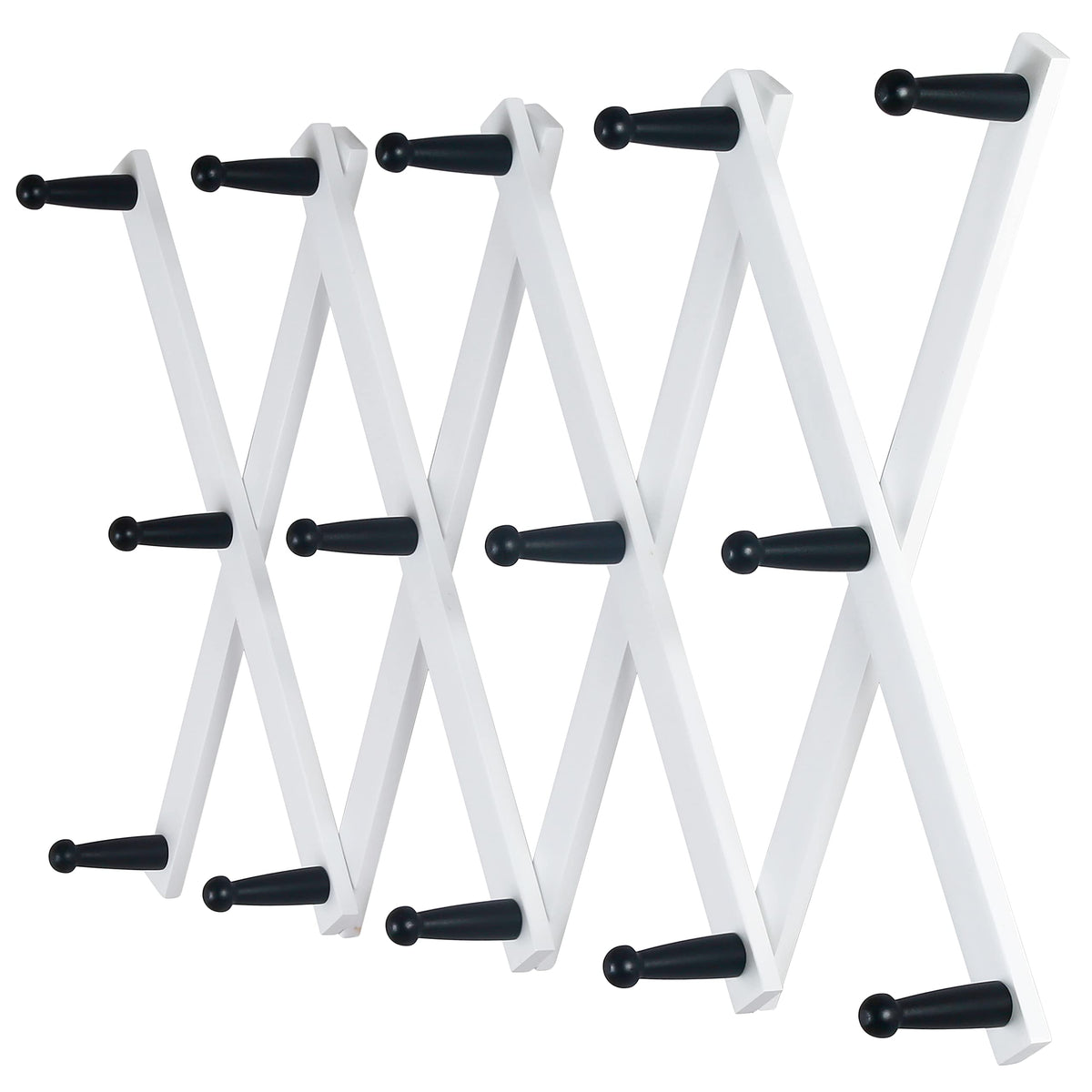 Dseap Accordian Wall Hanger: 16” High Wooden Wall Expandable Coat Rack, Hat Rack Holder, Accordion Hook for Baseball Caps, Coats, Mugs, 13 Peg Hooks, White