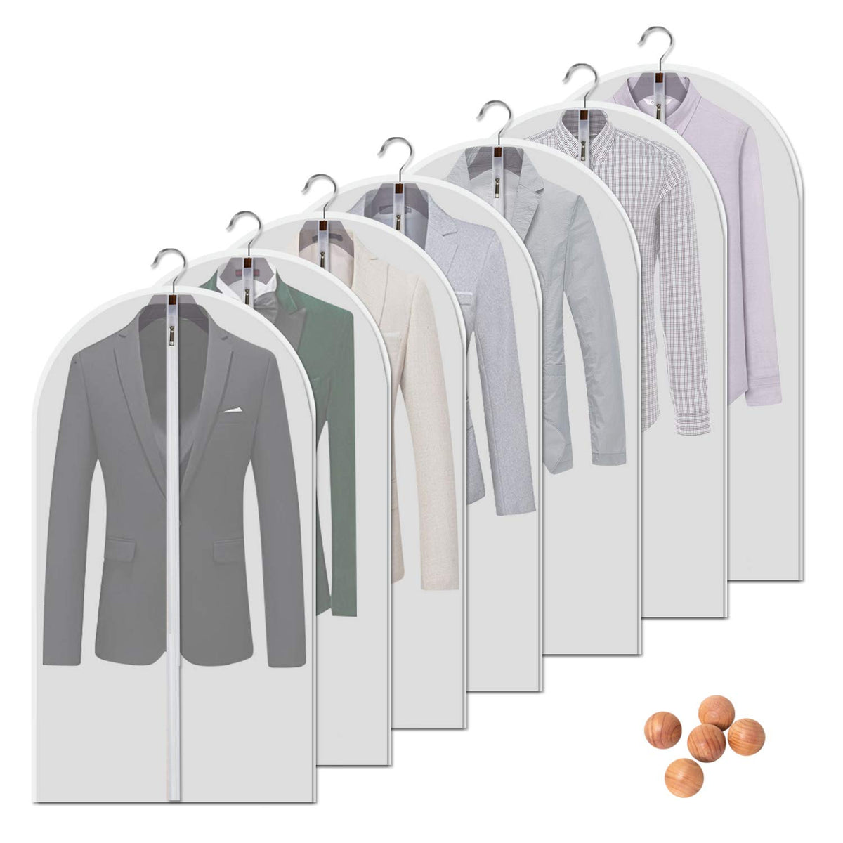 Clear Garment Bags for Hanging Clothes, 60 Inch, 7 Pack with 5 Cedar Balls