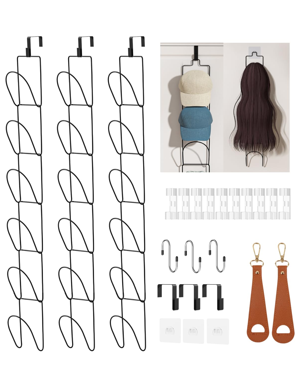 LINFIDITE 10 Pack Hat Rack Hanger Holder Organizer Closet Hanging Baseball Cap Display Storage Rack for Scarves Handbags Towels Clothes Ties Over Door Wall Mounted w Hanging Hook Black