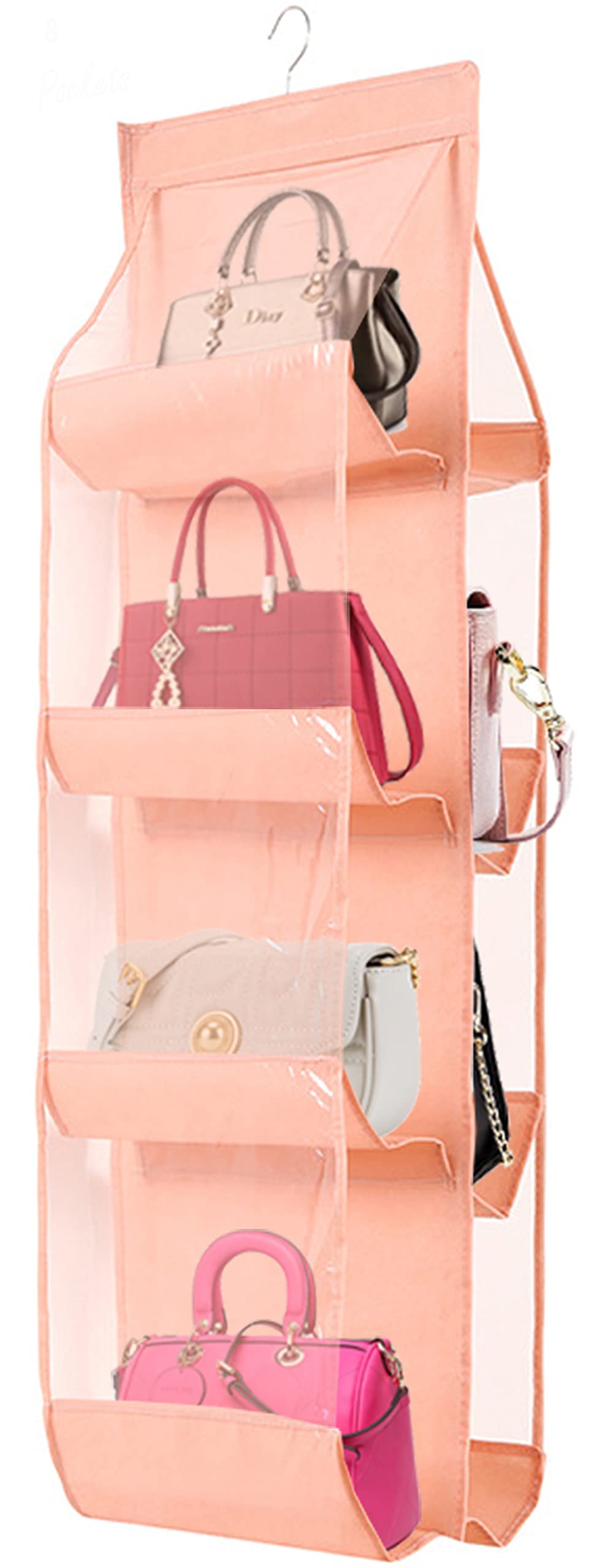 AARAINBOW Hanging Handbag Organizer for Closet, 8-Pocket Purse Storage Holder, Space-Saving Wardrobe Organizer for Women, 44.5"L x 13.5"W (A-White)