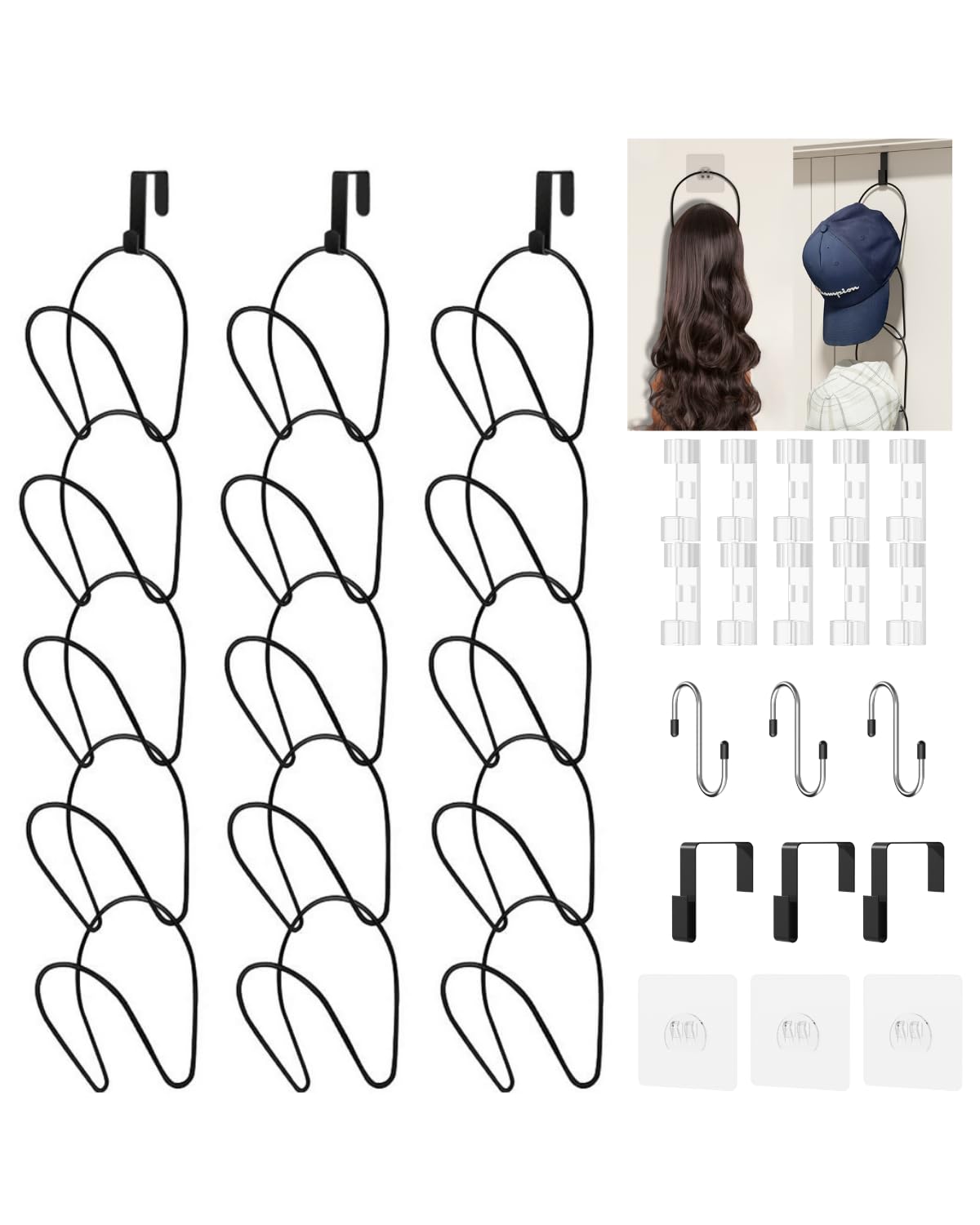 LINFIDITE 10 Pack Hat Rack Hanger Holder Organizer Closet Hanging Baseball Cap Display Storage Rack for Scarves Handbags Towels Clothes Ties Over Door Wall Mounted w Hanging Hook Black