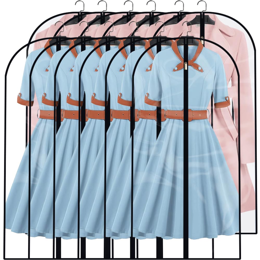 Hanging Garment Bag (Set of 6) Black Side Breathable Dress Bags for Hanging Clothes Cloth Cover for Closet Clear Full Zipper Bags for Coat Clothes Storage (24'' x 54'', Black)