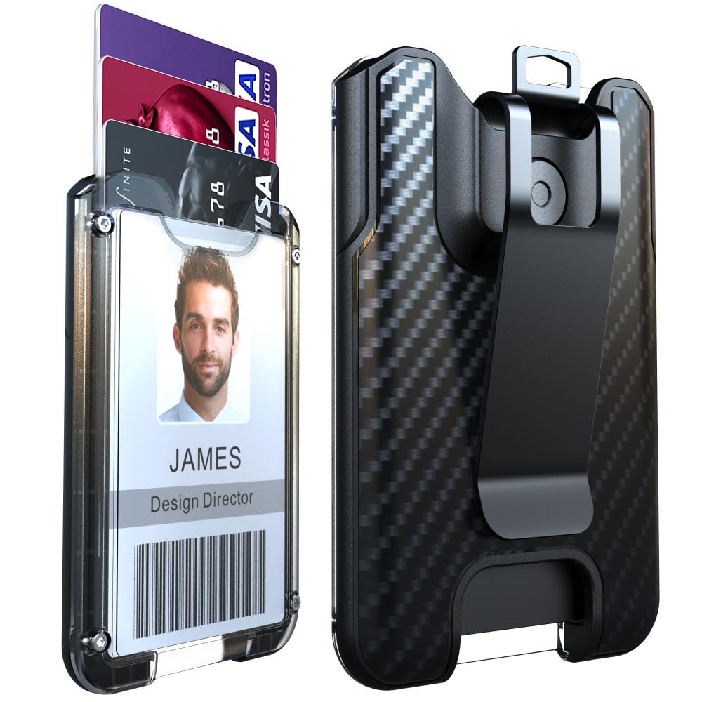 LIUGX Badge Holder with Metal Clip, Carbon Fiber-Texture, Hold 4 Cards