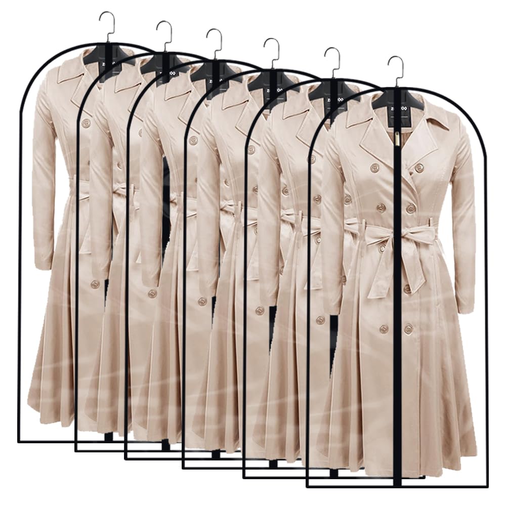 Hanging Garment Bag (Set of 6) Black Side Breathable Dress Bags for Hanging Clothes Cloth Cover for Closet Clear Full Zipper Bags for Coat Clothes Storage (24'' x 54'', Black)