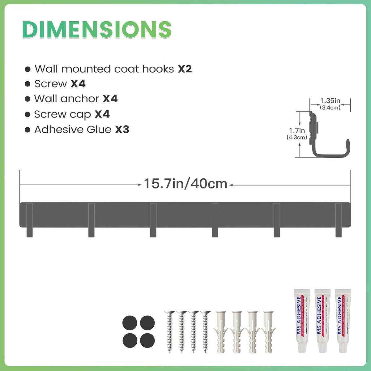 16" Heavy Duty Wall Mount Coat Rack with 6 Hooks, 2-Pack (Black)