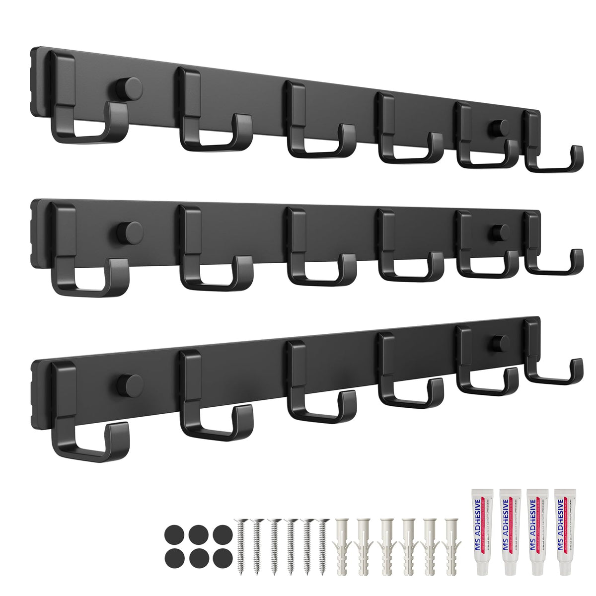 16" Heavy Duty Wall Mount Coat Rack with 6 Hooks, 2-Pack (Black)