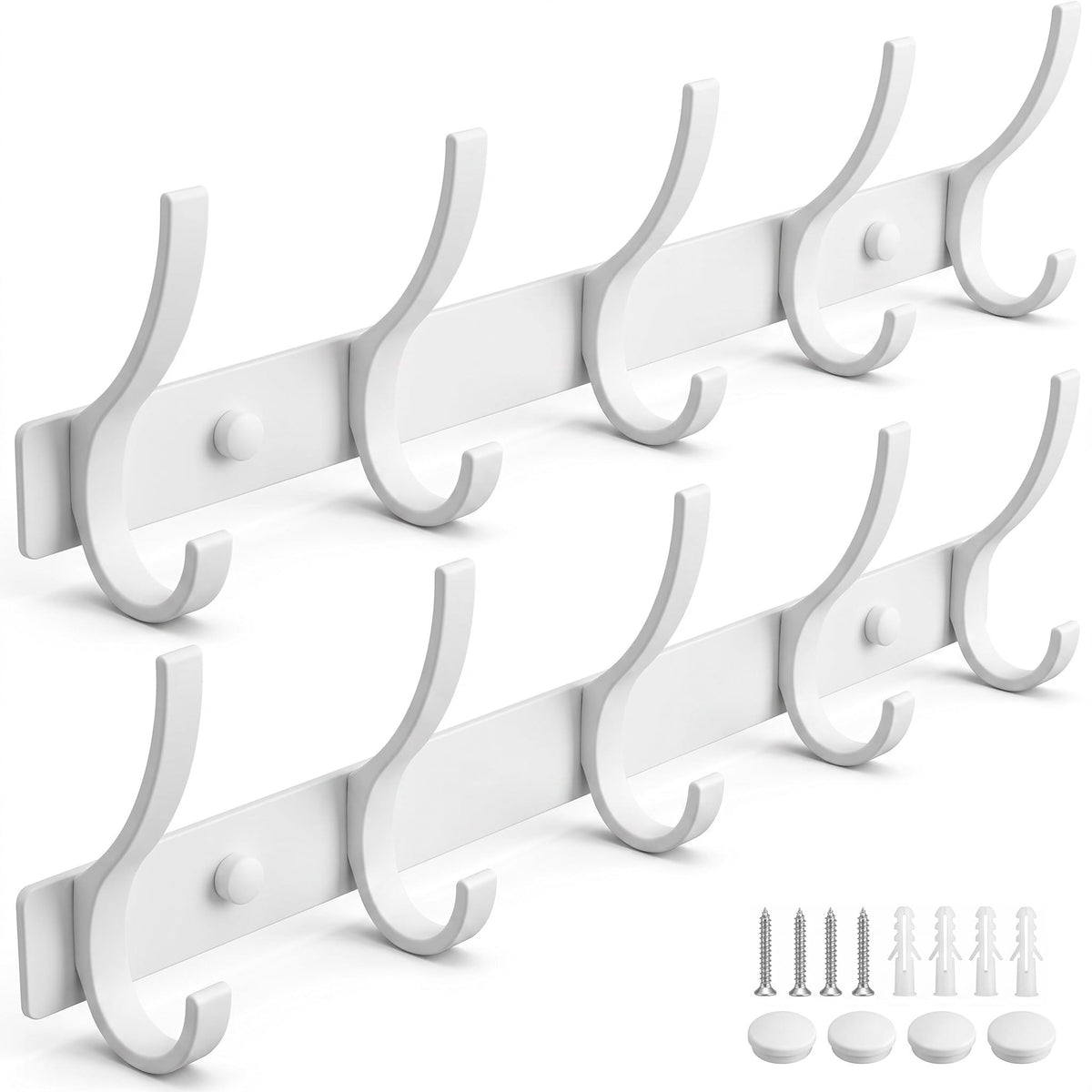 Coat Rack Wall Mounted,5 Coat Hooks for Hanging Coats,Heavy Duty Metal Double Hook Rack Hook Rail,Coat Rack with Hooks,Wall Mount Coat Hanger for Hat Towel Purse Robes (2 Pack Black, 5 Hooks)