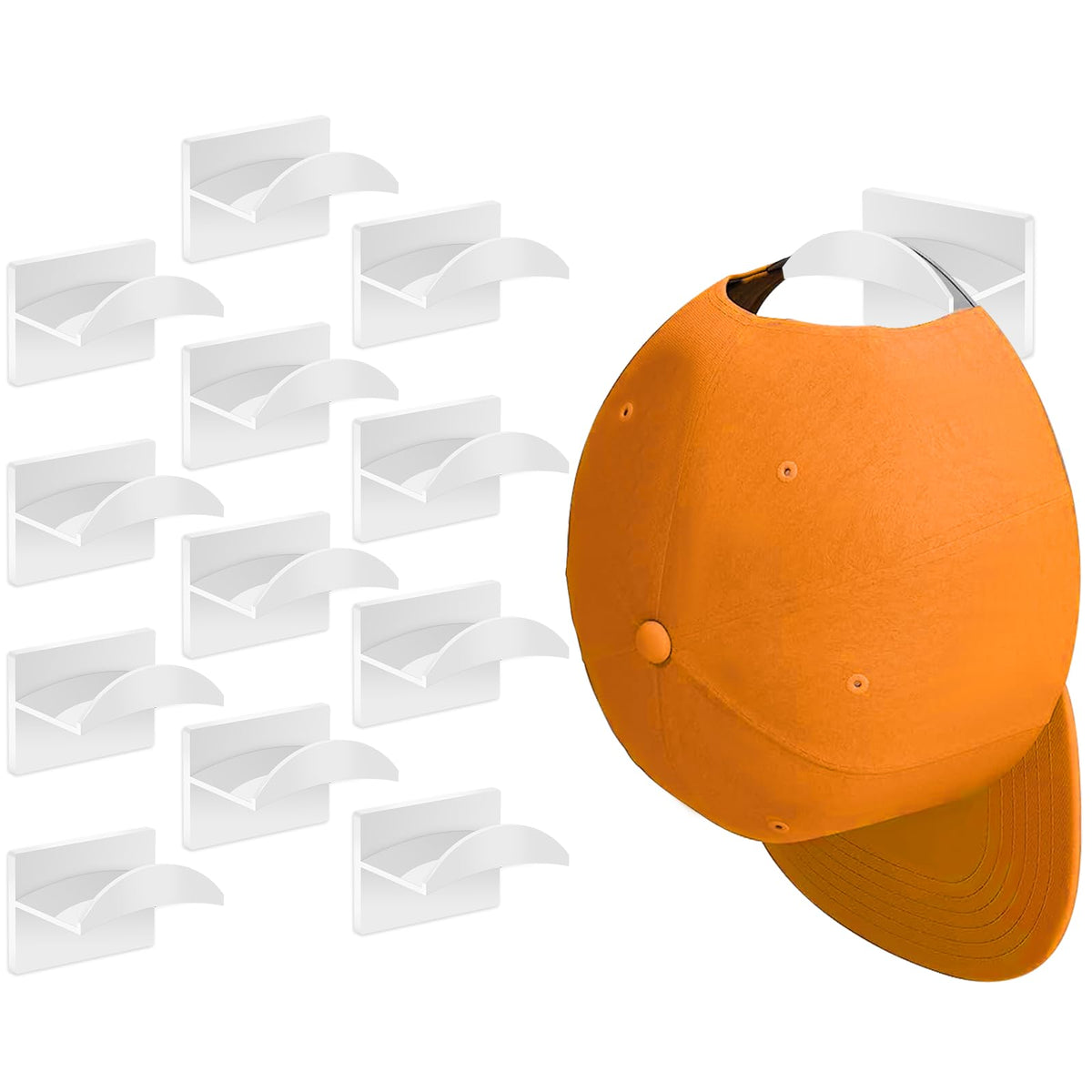 Adhesive Hat Hooks for Wall (16-Pack), Hat Hooks for Baseball Caps, Minimalist Hat Rack Design, No Drilling, Strong Hat Hangers, Hat Holder Organizer for Wall (White)