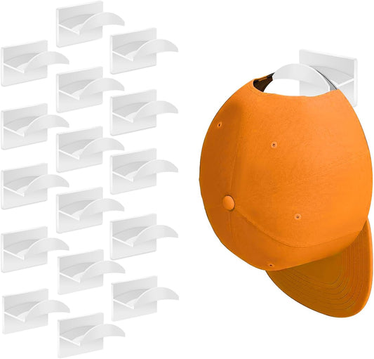 Adhesive Hat Hooks for Wall (16-Pack), Hat Hooks for Baseball Caps, Minimalist Hat Rack Design, No Drilling, Strong Hat Hangers, Hat Holder Organizer for Wall (White)