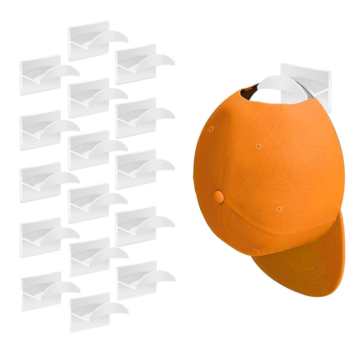 Adhesive Hat Hooks for Wall (16-Pack), Hat Hooks for Baseball Caps, Minimalist Hat Rack Design, No Drilling, Strong Hat Hangers, Hat Holder Organizer for Wall (White)