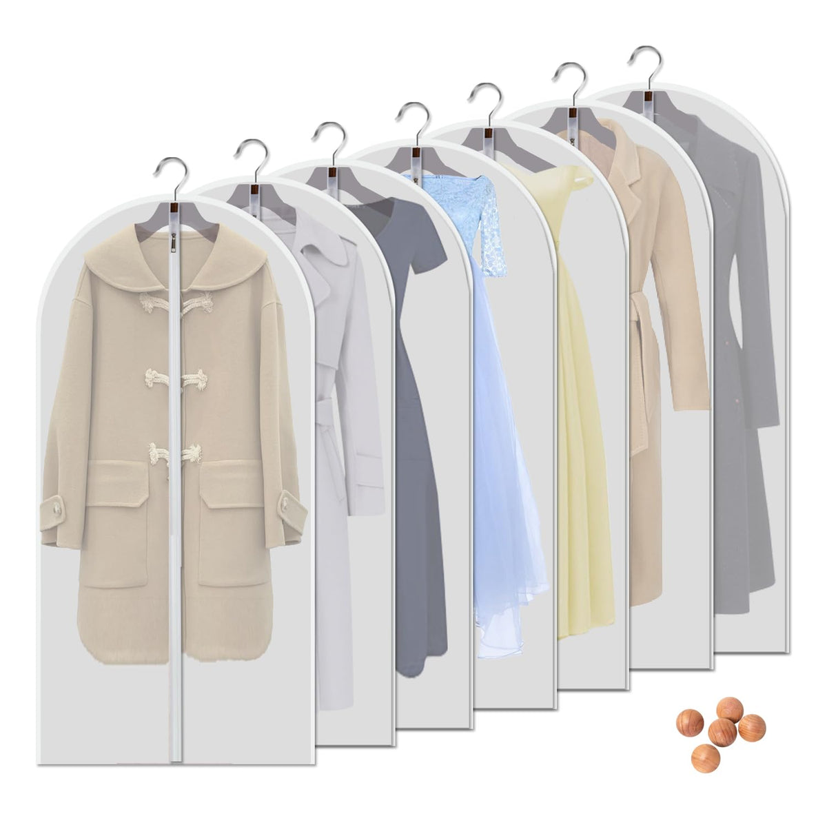 Clear Garment Bags for Hanging Clothes, 60 Inch, 7 Pack with 5 Cedar Balls