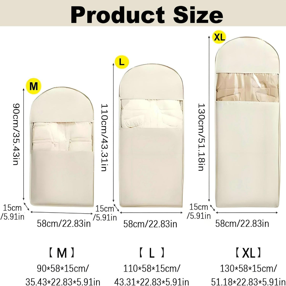 Space Saving Hanging Garment Bag with Self Compression Zipper, New Update Space Saver Clothes Storage Organizer, Dust Cover Clothes Bags for Down Coat Suit Dress or Jacket (Beige, L)