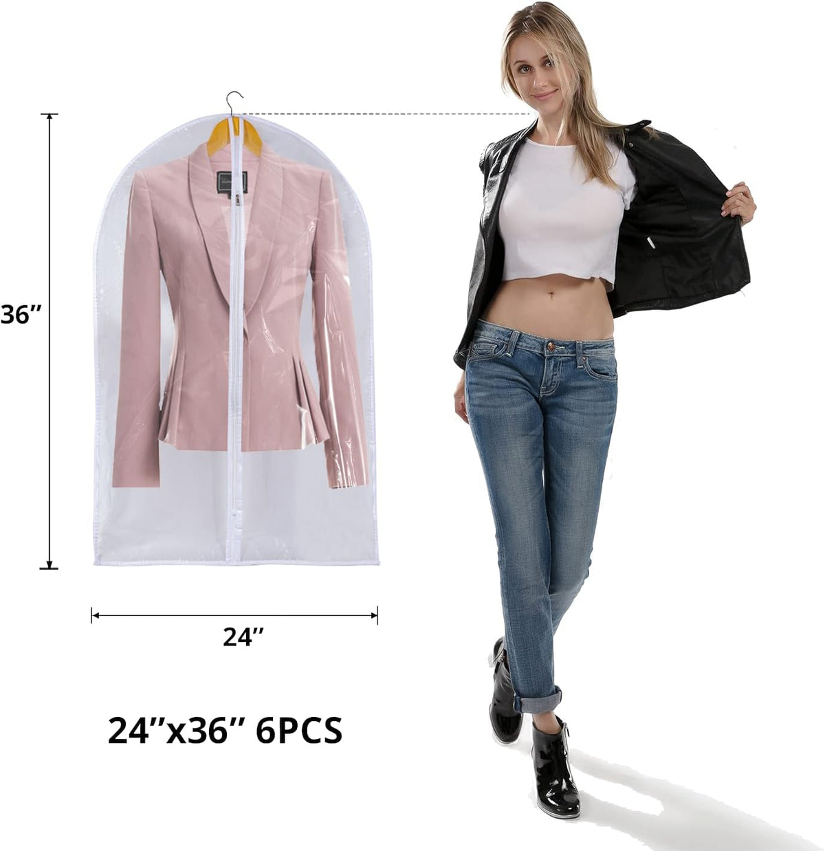 Clear Garment Bags For Hanging Clothes, 36" Women Suit Bags, Plastic Garment Bags for Closet Storage, Suit Cover Bags with Zipper for Short Coats, Jackets, Shirts 24"x36"/ 6 Pack