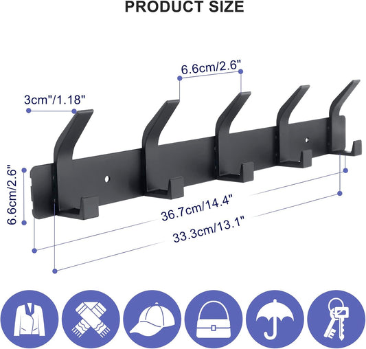 Coat Rack Wall Mounted,5 Coat Hooks for Hanging Coats,Heavy Duty Metal Double Hook Rack Hook Rail,Coat Rack with Hooks,Wall Mount Coat Hanger for Hat Towel Purse Robes ,Black,2Pack (Black2, 5 Hooks)