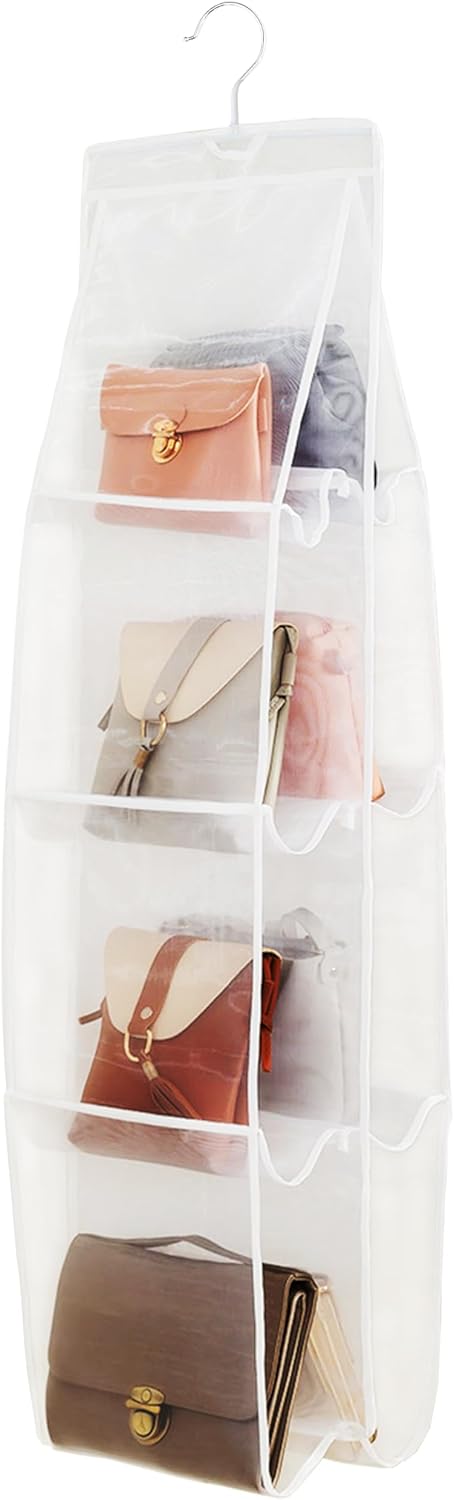 AARAINBOW Hanging Handbag Organizer for Closet, 8-Pocket Purse Storage Holder, Space-Saving Wardrobe Organizer for Women, 44.5"L x 13.5"W (A-White)