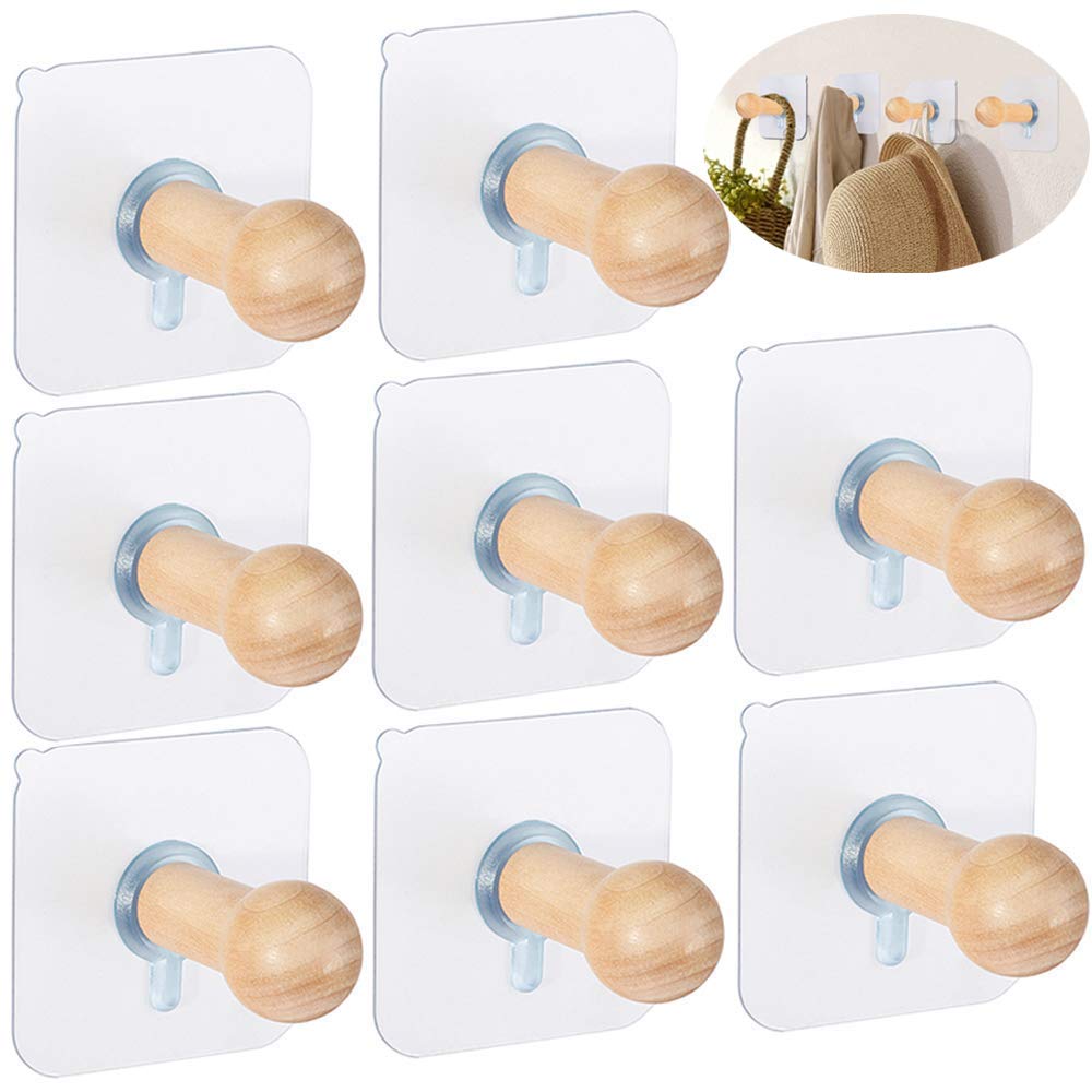 FOTYRIG Adhesive Hat Hooks Hat Hangers 10lbs Sticky Wall Rack for Baseball Caps, Bucket Hats, Cowboy Hats, Extended Wooden Pegs Handmade - Bathroom Door Cloest Entryway Wardrobe-8 Pack