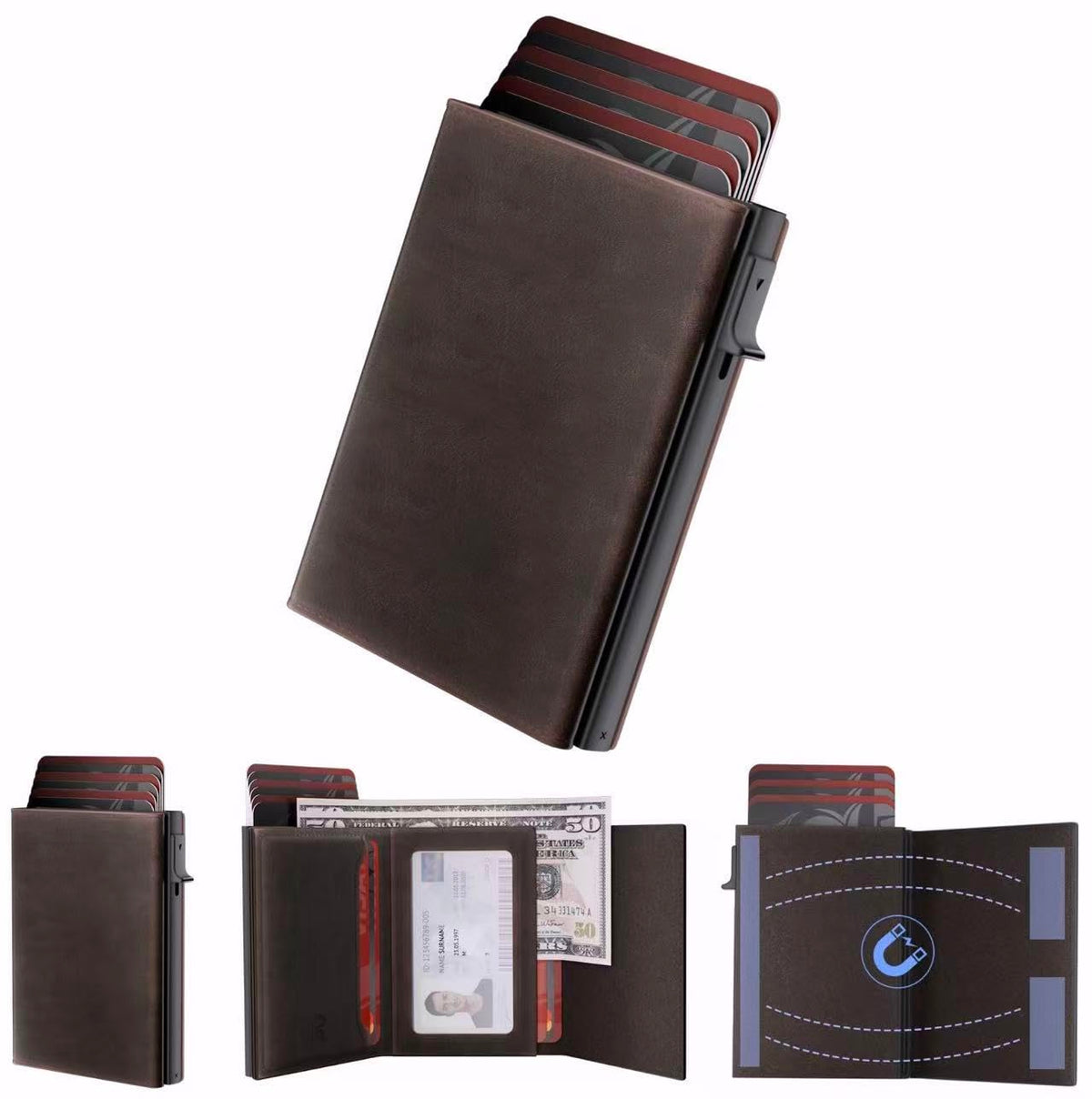 Mens Wallet Card Holder - Smart Wallet for Men, Pop Up Card Case, Top Grain Leather, RFID Blocking, Slim, Minimalist, Ultra Thin, Front Pocket, 9-14 Card Capacity | ID Window | Cash Slot (Black)