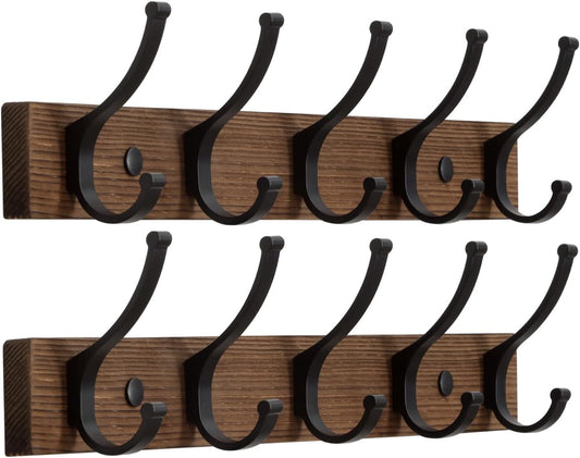 Optish Coat Rack Wall Mount, 16.5 Inches Wood Coat Hooks Wall Mount, Wall Coat Rack with 5 Hooks, Hat Rack Wall Hooks for Hanging Coat, Bag, Towel (2Pack, Brown)