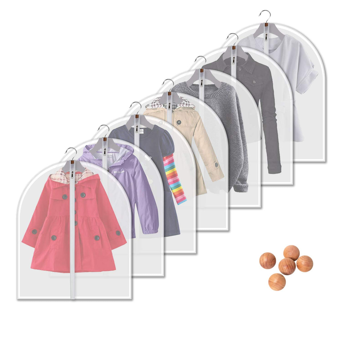 Clear Garment Bags for Hanging Clothes, 60 Inch, 7 Pack with 5 Cedar Balls
