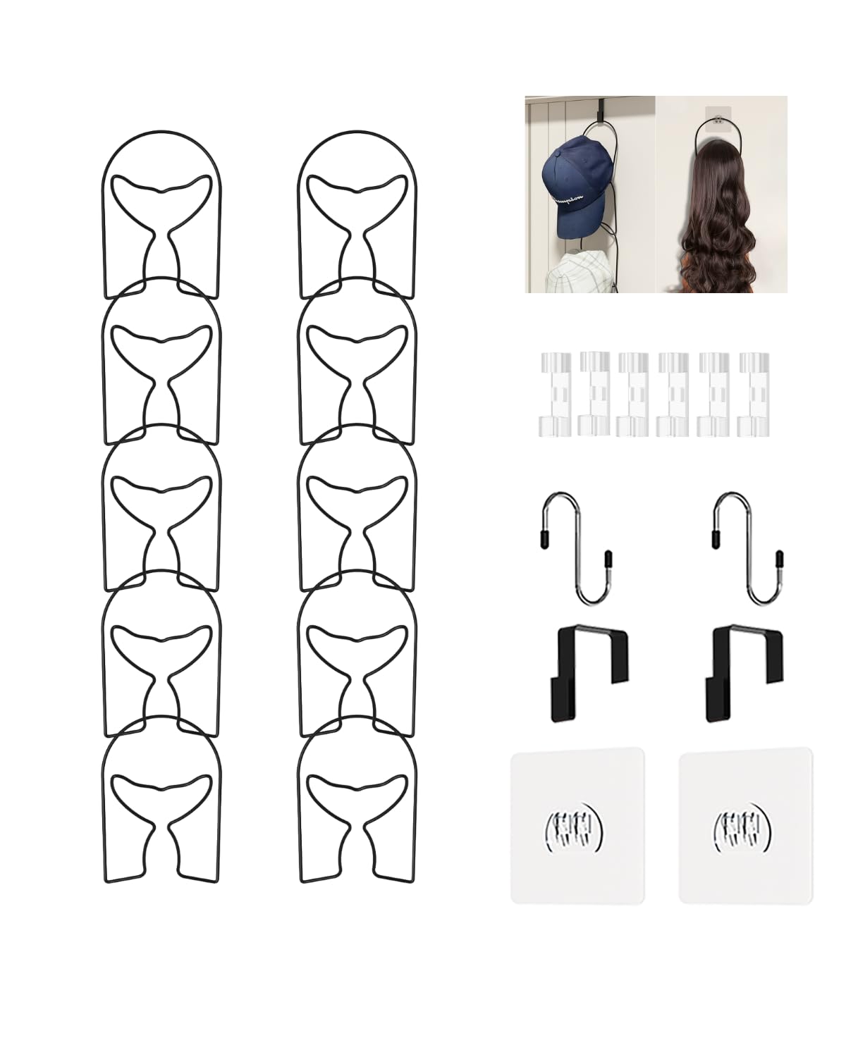 LINFIDITE 10 Pack Hat Rack Hanger Holder Organizer Closet Hanging Baseball Cap Display Storage Rack for Scarves Handbags Towels Clothes Ties Over Door Wall Mounted w Hanging Hook Black
