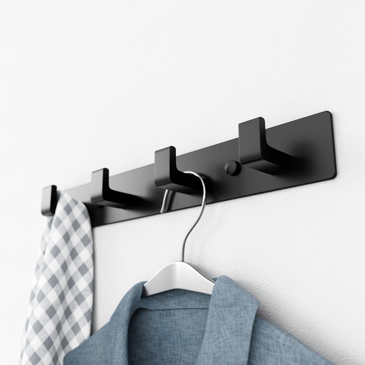 Black Coat Rack Wall Mount - 12.5" Rail with 4 Right-Angle Hooks(1 Pack)