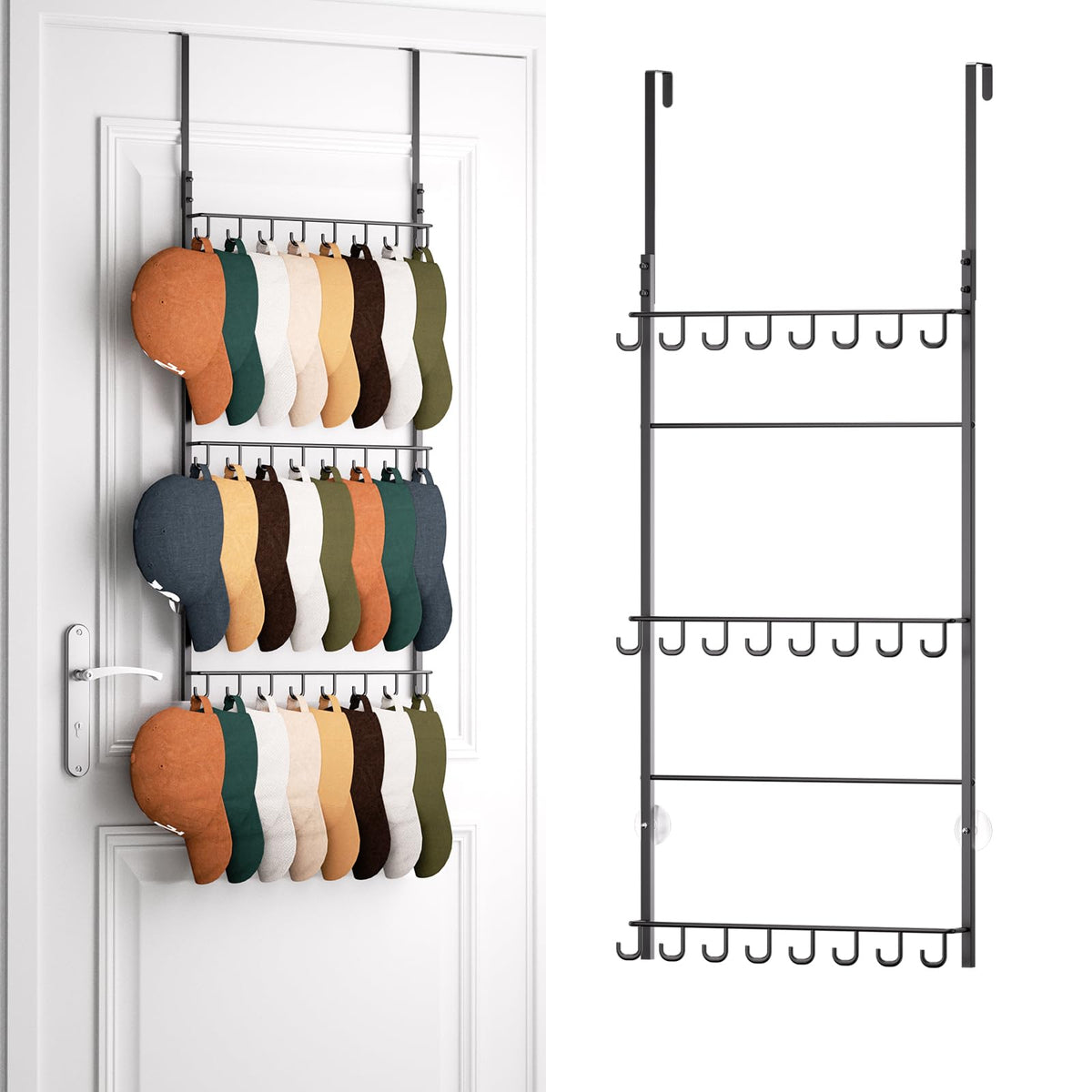 HapiRm Over Door Hat Rack - 3 Tier Wall Mounted Hat Organizer with 16 Hooks and 10 Movable Clips, Baseball Cap Organizer Storage Holds up to 26 Caps for Door, Bedroom, Closet USPTO Patented