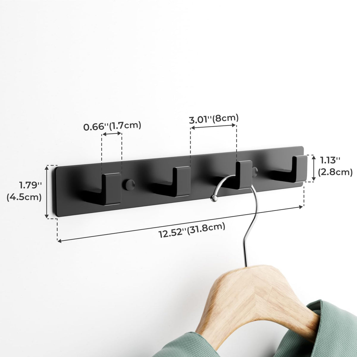 Black Coat Rack Wall Mount - 12.5" Rail with 4 Right-Angle Hooks(1 Pack)