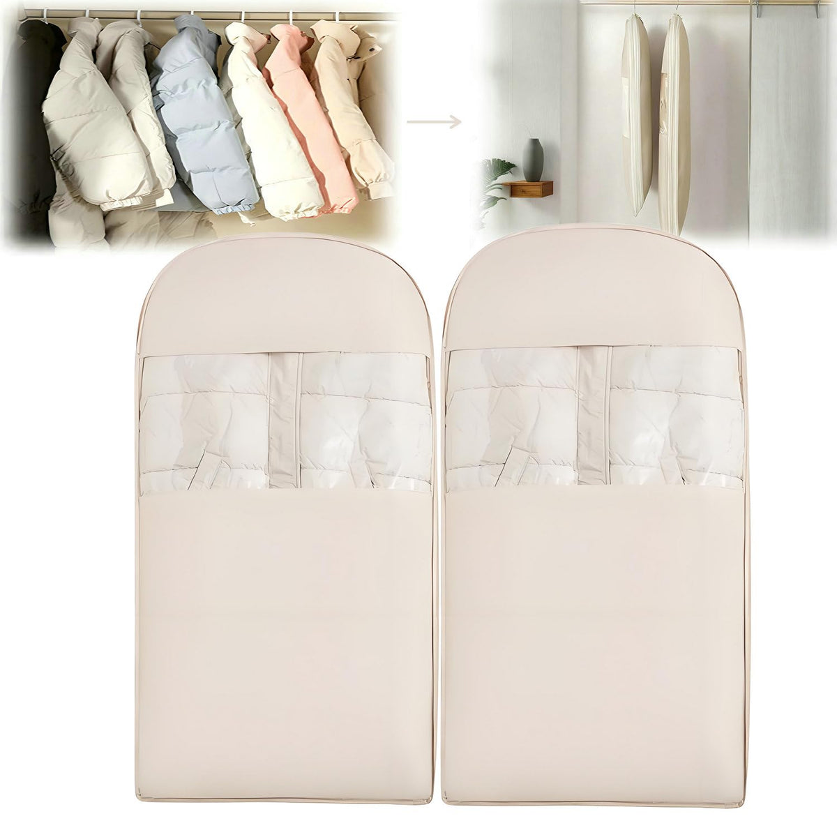 Space Saving Hanging Garment Bag with Self Compression Zipper, New Update Space Saver Clothes Storage Organizer, Dust Cover Clothes Bags for Down Coat Suit Dress or Jacket (Beige, L)