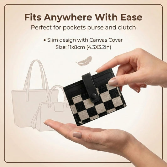 TURBOOST Cute Slim Card Holder Canvas Front Pocket Checkered Wallet, Small Credit Card Case for Women (Black)