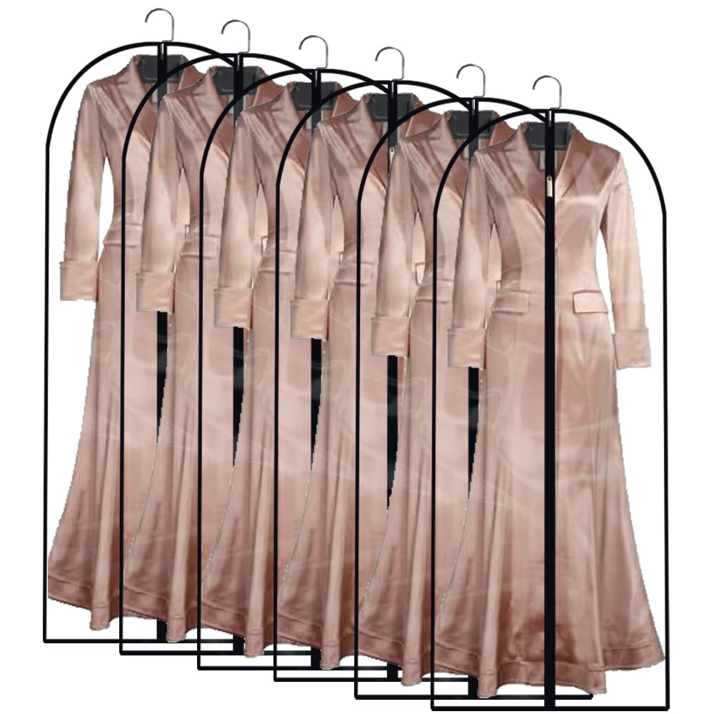 Hanging Garment Bag (Set of 6) Black Side Breathable Dress Bags for Hanging Clothes Cloth Cover for Closet Clear Full Zipper Bags for Coat Clothes Storage (24'' x 54'', Black)