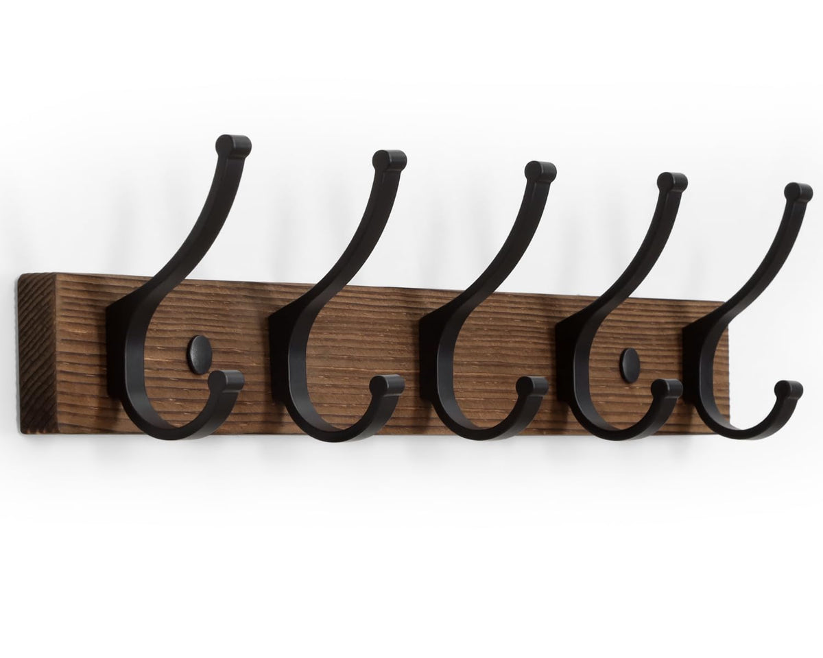 Optish Coat Rack Wall Mount, 16.5 Inches Wood Coat Hooks Wall Mount, Wall Coat Rack with 5 Hooks, Hat Rack Wall Hooks for Hanging Coat, Bag, Towel (2Pack, Brown)