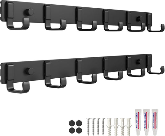 16" Heavy Duty Wall Mount Coat Rack with 6 Hooks, 2-Pack (Black)