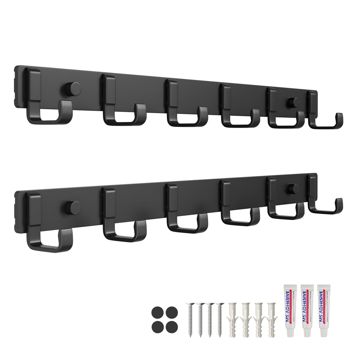 16" Heavy Duty Wall Mount Coat Rack with 6 Hooks, 2-Pack (Black)