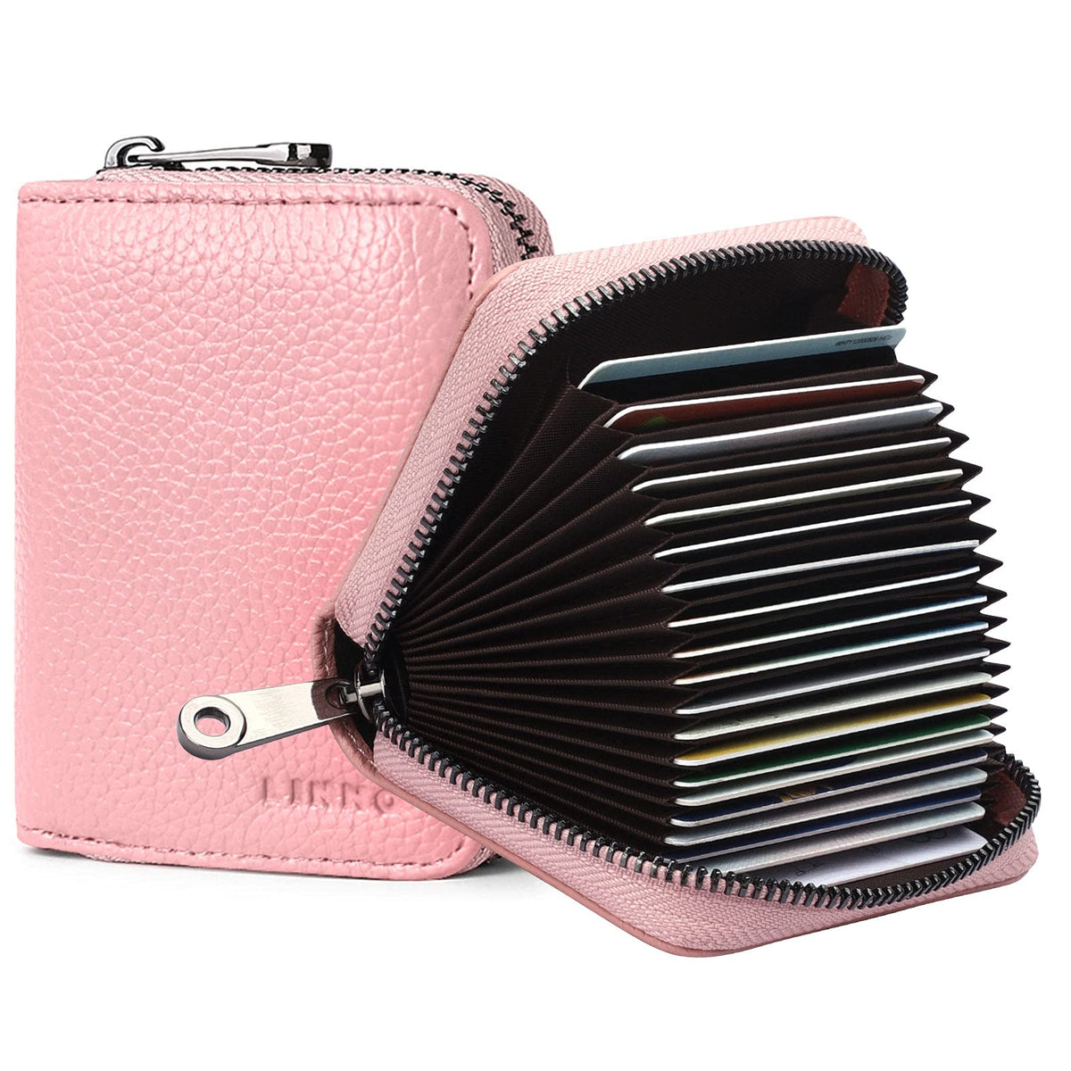 Linno RFID 20 Slots Credit Card Holder Genuine Leather Small Wallet for Women or Men with Zipper