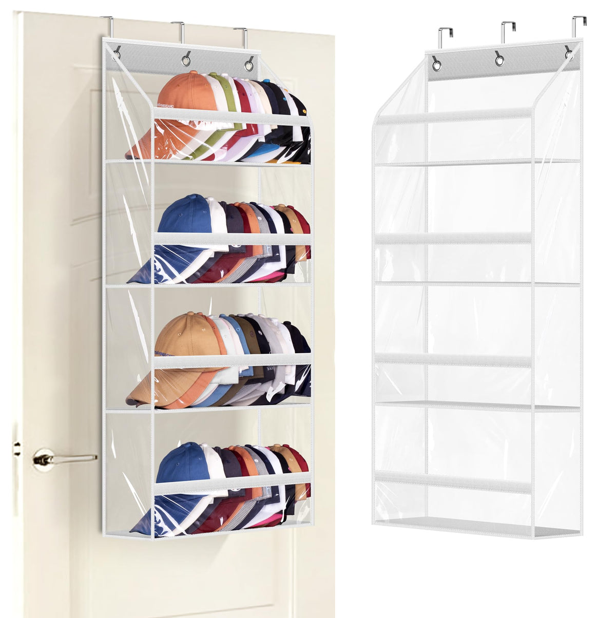 AOODA Clear Over The Door Hat Racks for Baseball Caps, Large Holds up to 72 Caps Hat Storage Organizer for Closet Wall, Deep Pockets Hanging Hat Holder with 3 Hooks, Black
