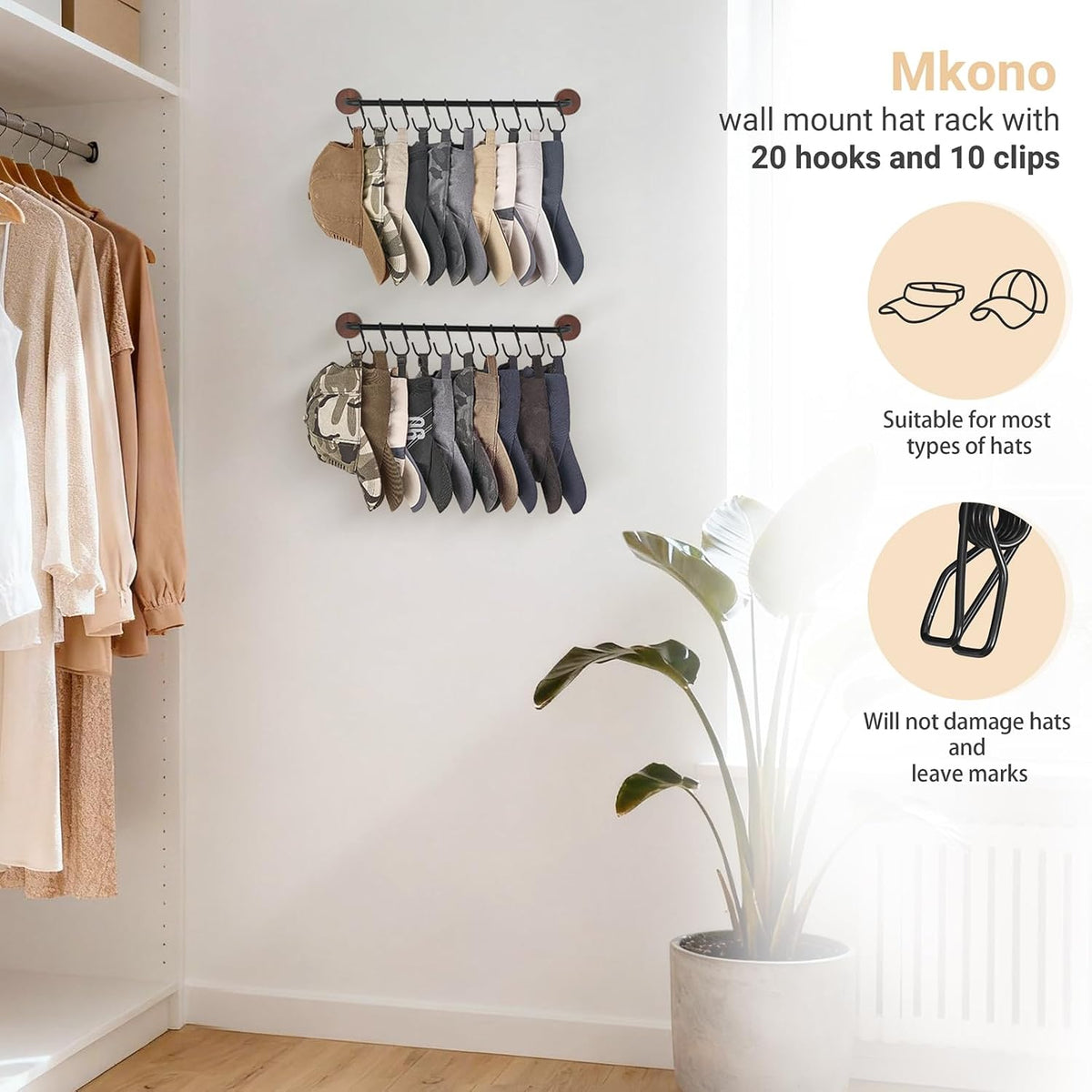 Mkono Hat Organizer, Metal Hat Rack for Wall Storage with 20 Hooks Set of 2