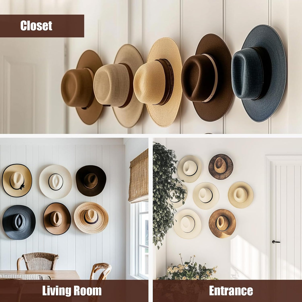 Aoodaily 2.8 Inch Hat Hooks for Wall - (8 Pack) Cowboy Hat Rack, Strong Adhesive Cap Holder, Organizer for Baseball Caps, Western Room Decor - Black