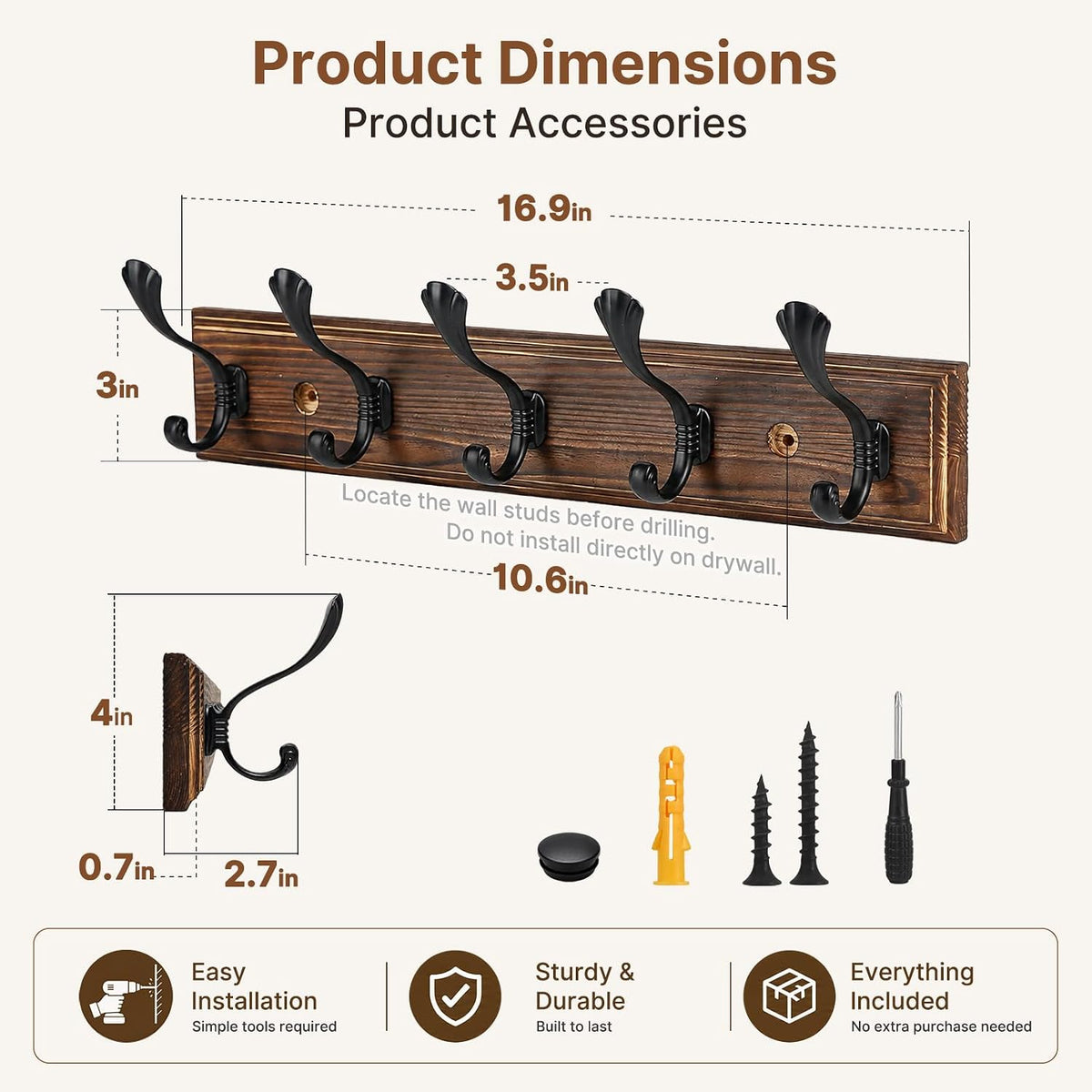 2 Pack Coat Hooks for Wall 16.9 in Wall Mounted Coat Rack with 5 Dual Hooks