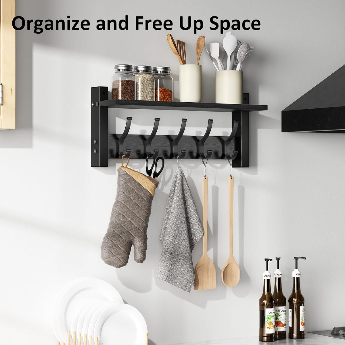 Optish Coat Rack Wall Mount with Shelf, 17.1 Inch Coat Hanger Walls Mounted, Hat Rack for Walls, Shelf with 5 Coat Hooks, Wall Hanger for Entryway (Black)
